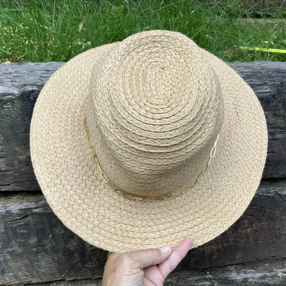 VINCE‎ CAMUTO Chain Trim Woven Paper Panama Hat Natural OS Packable NWT